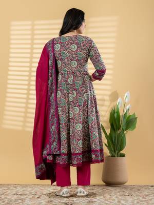 Cotton dark pink hand block printed anarkali pattern full suit with straight pant & dupatta 4