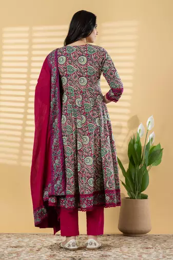 Cotton dark pink hand block printed anarkali pattern full suit with straight pant & dupatta