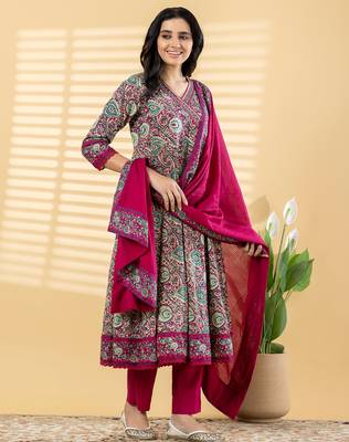 Cotton dark pink hand block printed anarkali pattern full suit with straight pant & dupatta 5