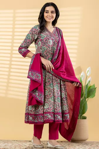 Cotton dark pink hand block printed anarkali pattern full suit with straight pant & dupatta