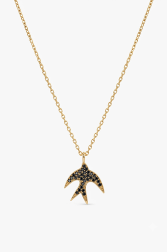 925 Sterling Silver Gold Plated Swallow Bird Pendant Necklace with Black Cubic Zirconia  