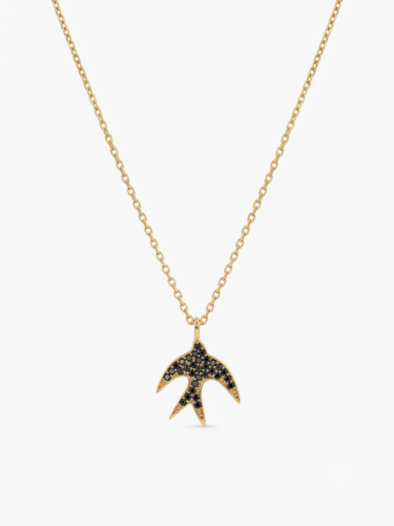 925 Sterling Silver Gold Plated Swallow Bird Pendant Necklace with Black Cubic Zirconia  