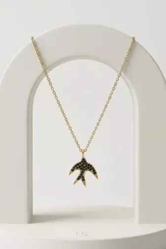 925 Sterling Silver Gold Plated Swallow Bird Pendant Necklace Set with Black Cubic Zircon
