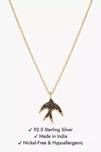 925 Sterling Silver Gold Plated Swallow Bird Pendant Necklace Set with Black Cubic Zircon