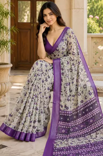 Grey floral pre stitched linen silk saree