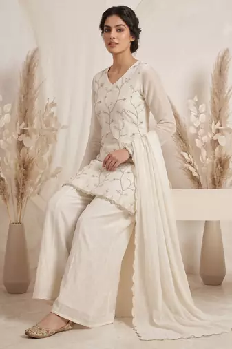 Luxury ivory embroidered sharara suit with dupatta