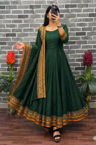 New trendy stylish green  solid anarkali kurta with traditional golden border dupatta set