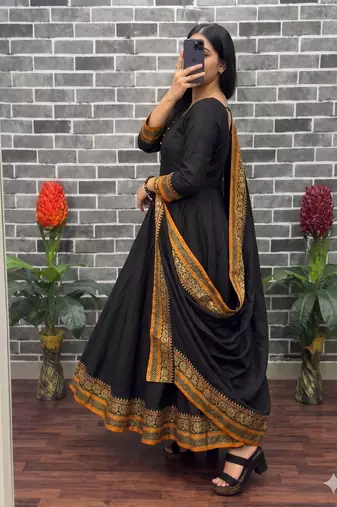 New trendy stylish black solid anarkali kurta with traditional golden border dupatta set