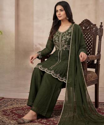 Bottle green embroidered frock-style kurta with palazzos & dupatta 3