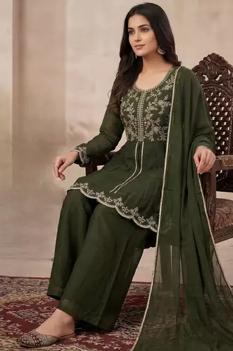 Bottle green embroidered frock-style kurta with palazzos & dupatta
