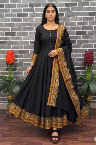 New trendy stylish black solid anarkali kurta with traditional golden border dupatta set