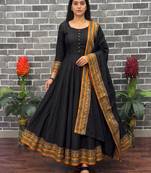 New trendy stylish black solid anarkali kurta with traditional golden border dupatta set