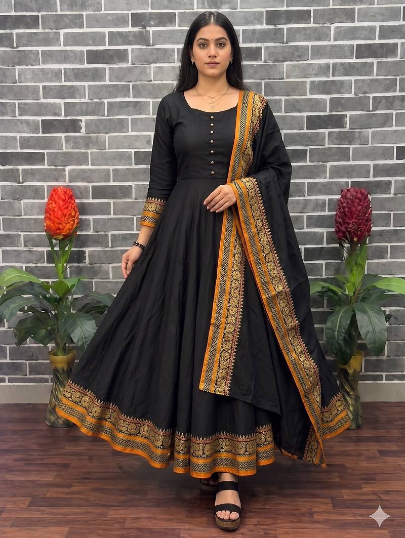 New trendy stylish black solid anarkali kurta with traditional golden border dupatta set