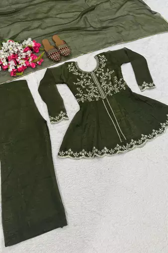 Bottle green embroidered frock-style kurta with palazzos & dupatta