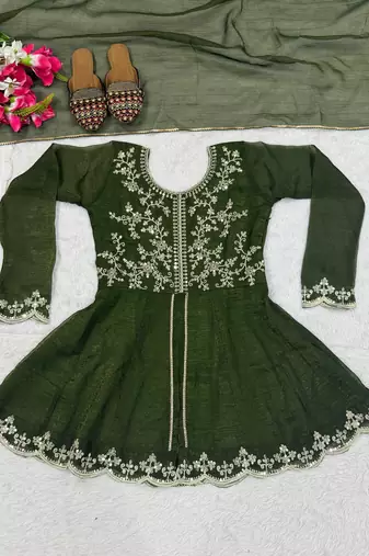 Bottle green embroidered frock-style kurta with palazzos & dupatta