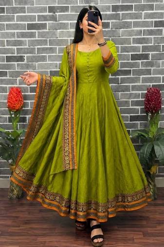  olive green solid anarkali kurta with traditional golden border dupatta set