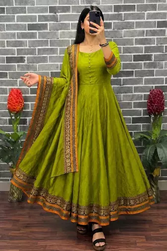 New trendy stylish olive green solid anarkali kurta with traditional golden border dupatta set