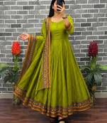 New trendy stylish olive green solid anarkali kurta with traditional golden border dupatta set
