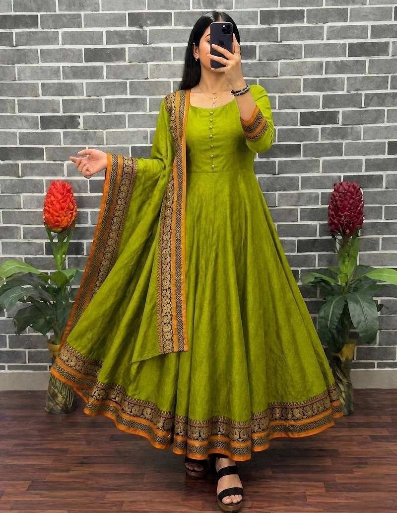 New trendy stylish olive green solid anarkali kurta with traditional golden border dupatta set