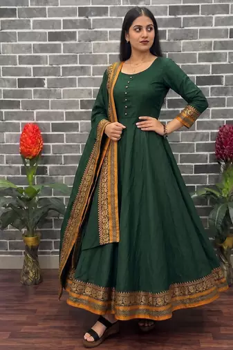 New trendy stylish green  solid anarkali kurta with traditional golden border dupatta set