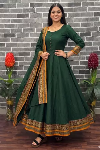 New trendy stylish green  solid anarkali kurta with traditional golden border dupatta set