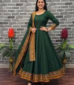 New trendy stylish green  solid anarkali kurta with traditional golden border dupatta set