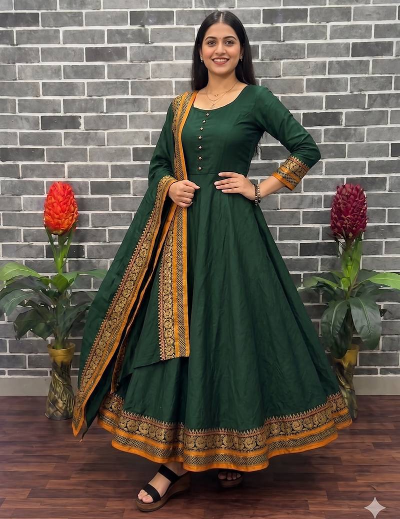 New trendy stylish green  solid anarkali kurta with traditional golden border dupatta set