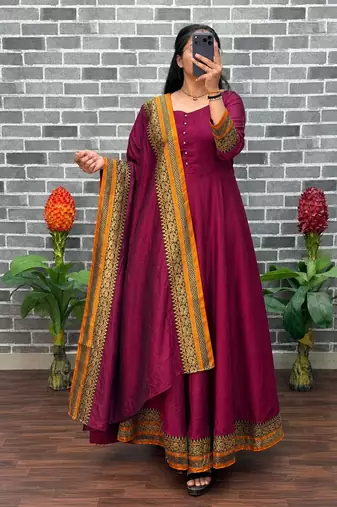 New trendy stylish wine solid anarkali kurta with traditional golden border dupatta set