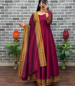 New trendy stylish wine solid anarkali kurta with traditional golden border dupatta set