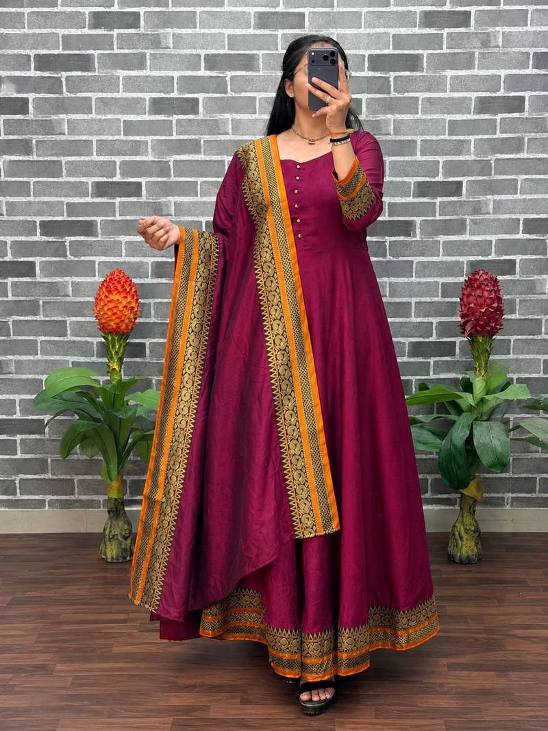 New trendy stylish wine solid anarkali kurta with traditional golden border dupatta set