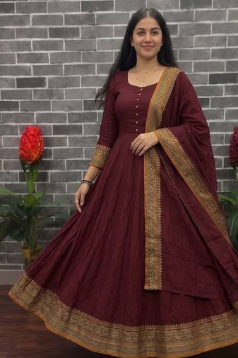 maroon solid anarkali kurta with traditional golden border dupatta set
