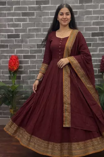 New trendy stylish maroon solid anarkali kurta with traditional golden border dupatta set