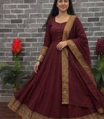 New trendy stylish maroon solid anarkali kurta with traditional golden border dupatta set