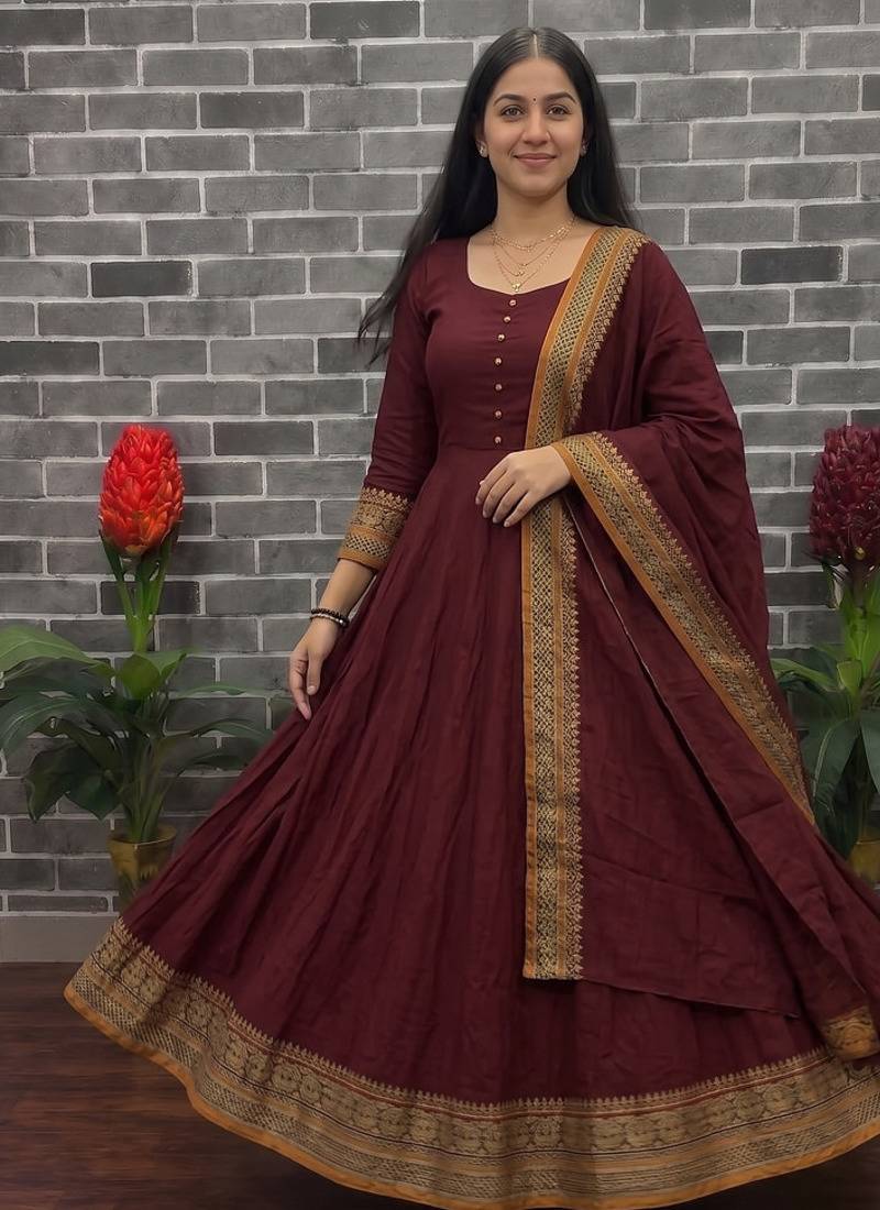 New trendy stylish maroon solid anarkali kurta with traditional golden border dupatta set
