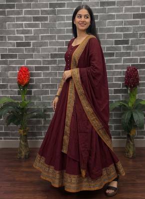  maroon solid anarkali kurta with traditional golden border dupatta set 3