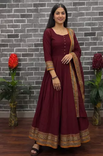 New trendy stylish maroon solid anarkali kurta with traditional golden border dupatta set