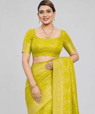 Lime yellow zari woven art silk traditional saree with unstitched blouse 4