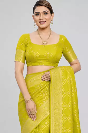 Lime yellow zari woven art silk traditional saree with unstitched blouse