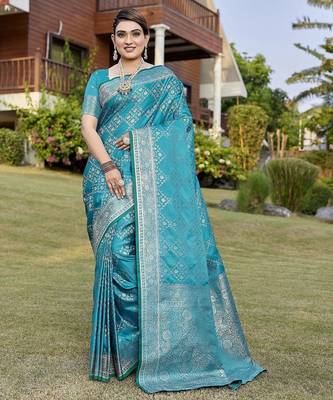 Teal zari woven art silk traditional saree with unstitched blouse 1