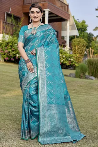 Teal zari woven art silk traditional saree with unstitched blouse