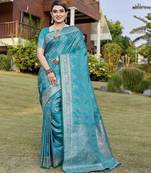 Teal zari woven art silk traditional saree with unstitched blouse
