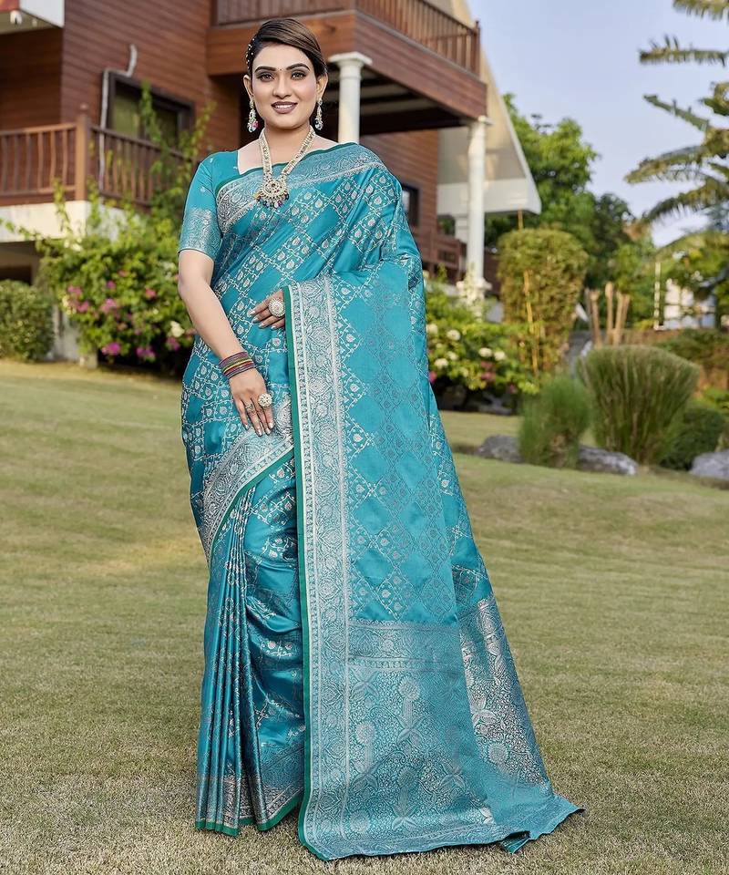 Teal zari woven art silk traditional saree with unstitched blouse