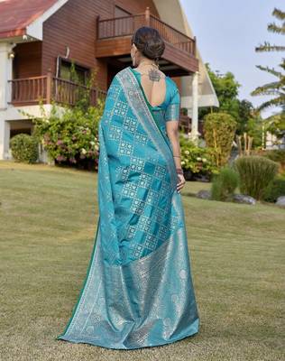 Teal zari woven art silk traditional saree with unstitched blouse 2