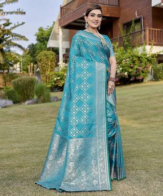 Teal zari woven art silk traditional saree with unstitched blouse 3