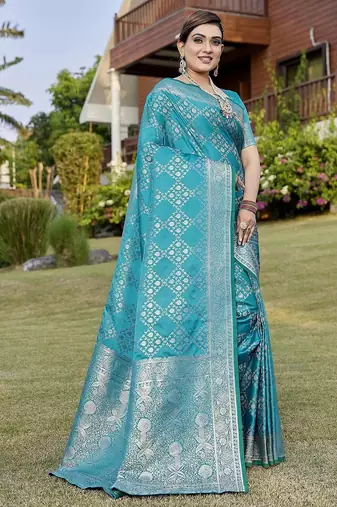 Teal zari woven art silk traditional saree with unstitched blouse