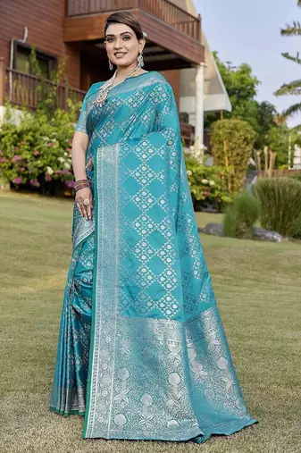 Teal zari woven art silk traditional saree with unstitched blouse