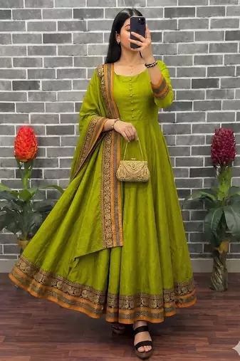 New trendy stylish olive green solid anarkali kurta with traditional golden border dupatta set