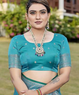 Teal zari woven art silk traditional saree with unstitched blouse 5