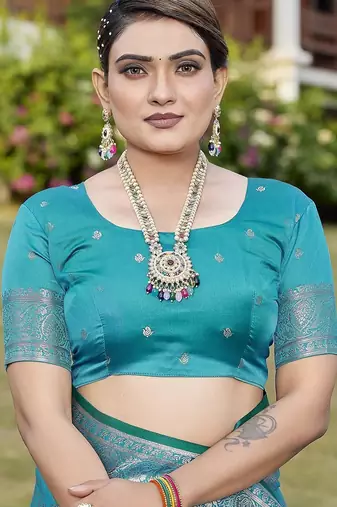 Teal zari woven art silk traditional saree with unstitched blouse