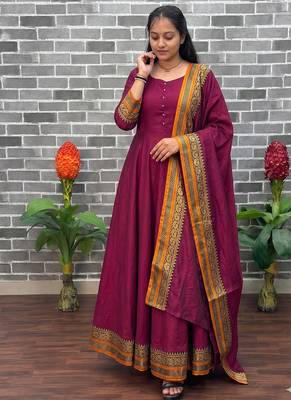  wine solid anarkali kurta with traditional golden border dupatta set 4